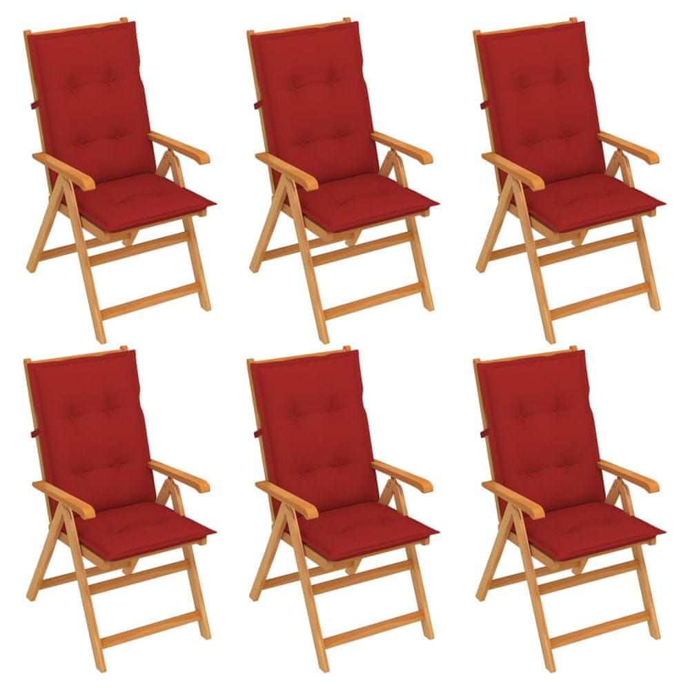 Vidaxl Záhradné stoličky 6 ks s červenými podložkami tíkový masív